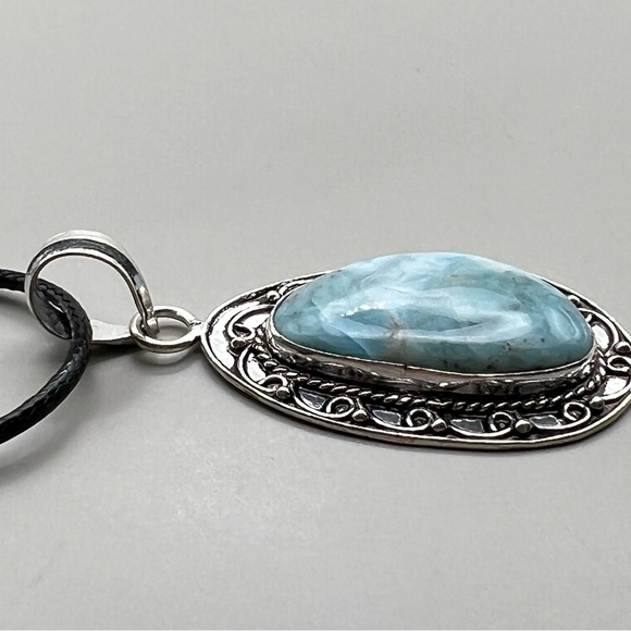 New Larimar Stone Silver Overlay Pendant Necklace w Cord - Picture 2 of 6